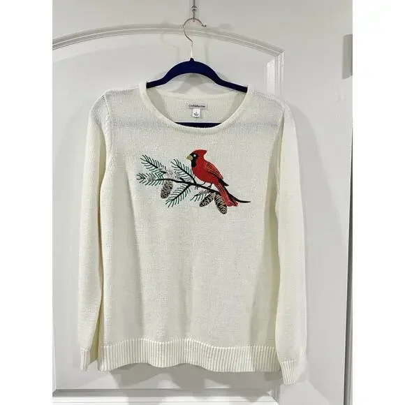 Croft & Barrow women Red Cardinal Sweater Ivory Embellished Soft Acrylic Large - Picture 2 of 11